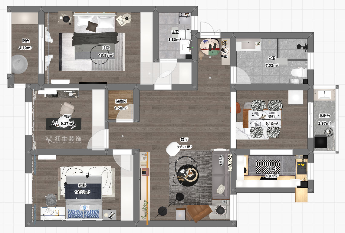 蔣琛｜時(shí)代雅居18-305-130㎡-現(xiàn)代簡(jiǎn)約風(fēng)格｜3室2廳2衛(wèi)｜老房裝修｜定制家｜全包15萬(wàn)｜00_03平面彩圖