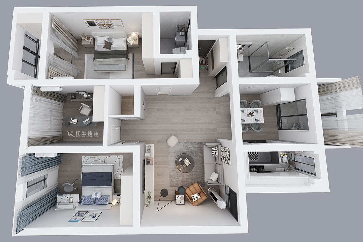 蔣?。鼤r(shí)代雅居18-305-130㎡-現(xiàn)代簡(jiǎn)約風(fēng)格｜3室2廳2衛(wèi)｜老房裝修｜定制家｜全包15萬(wàn)｜00_04鳥(niǎo)瞰圖