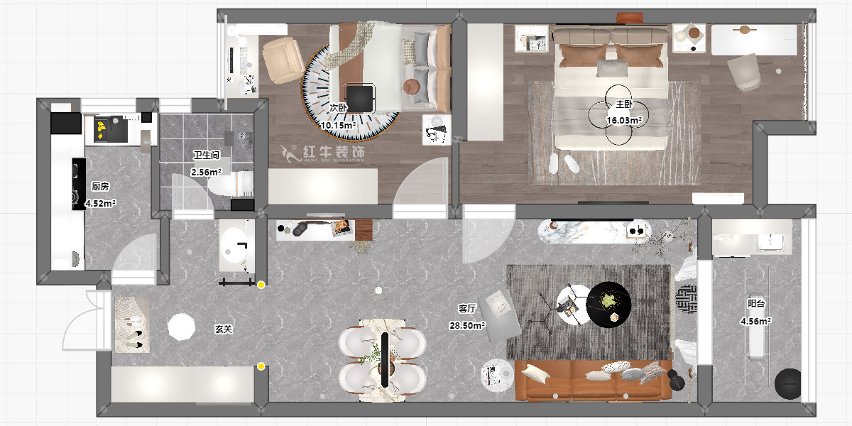 孟憲濤｜紫楊佳園2-505-85㎡-現(xiàn)代簡約風(fēng)格｜2室2廳1衛(wèi)｜老房裝修｜定制家｜全包12萬｜00_03平面彩圖
