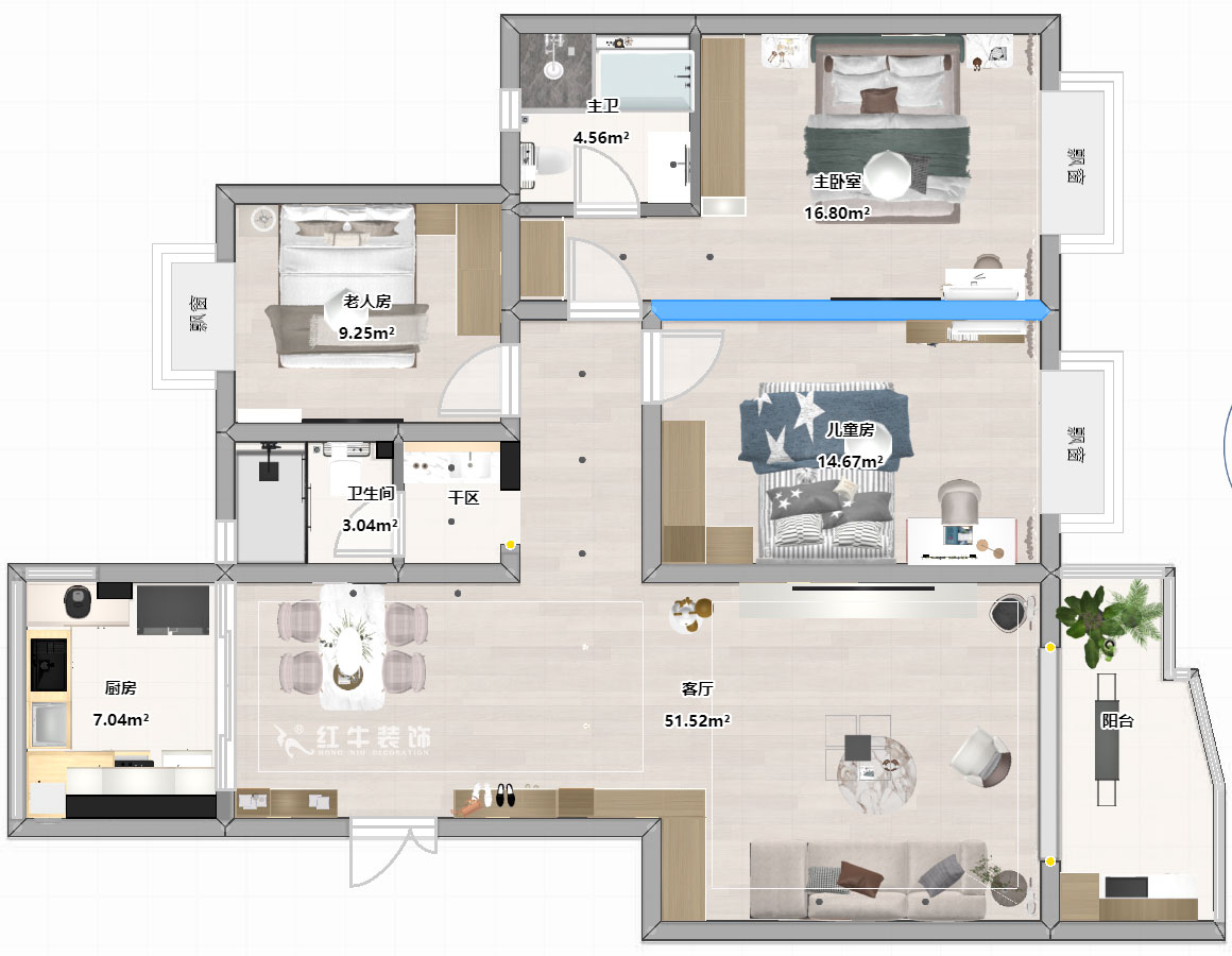 陸利民｜楓丹白露城市花園32-301-126㎡-現(xiàn)代簡(jiǎn)約風(fēng)格｜3室2廳2衛(wèi)｜舊房裝修｜半包9萬(wàn)｜00_03平面彩圖