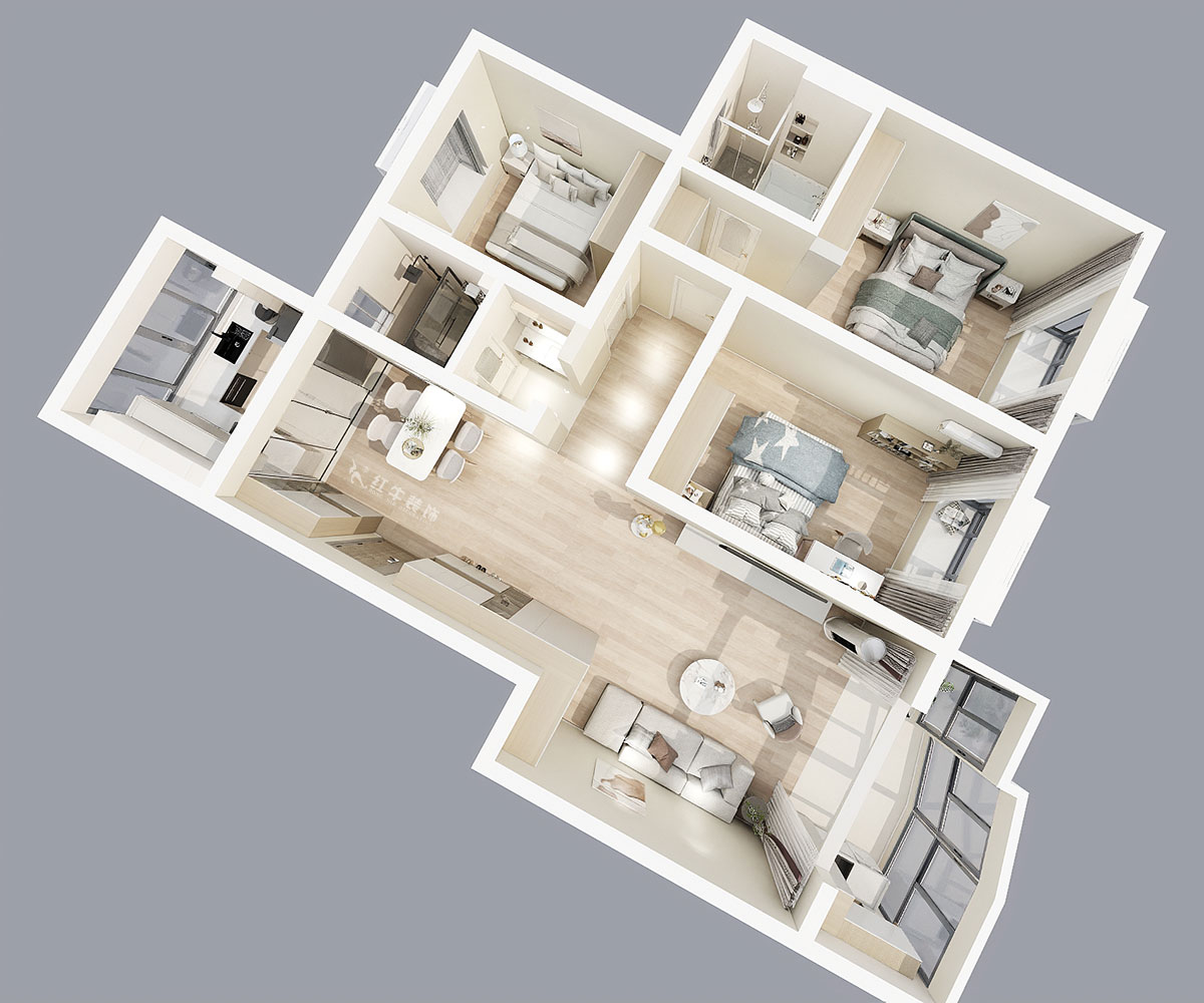 陸利民｜楓丹白露城市花園32-301-126㎡-現(xiàn)代簡(jiǎn)約風(fēng)格｜3室2廳2衛(wèi)｜舊房裝修｜半包9萬(wàn)｜00_04鳥瞰圖