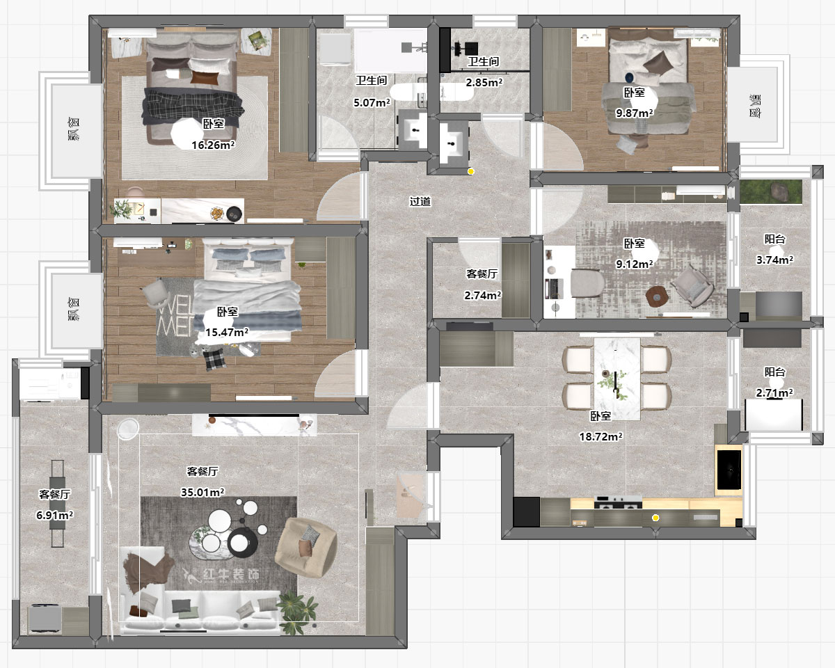 陸利民｜楓丹白露7-3-702-160㎡-現(xiàn)代簡約風(fēng)格｜4室2廳2衛(wèi)｜舊房裝修｜定制家｜全包23萬｜00_03平面彩圖