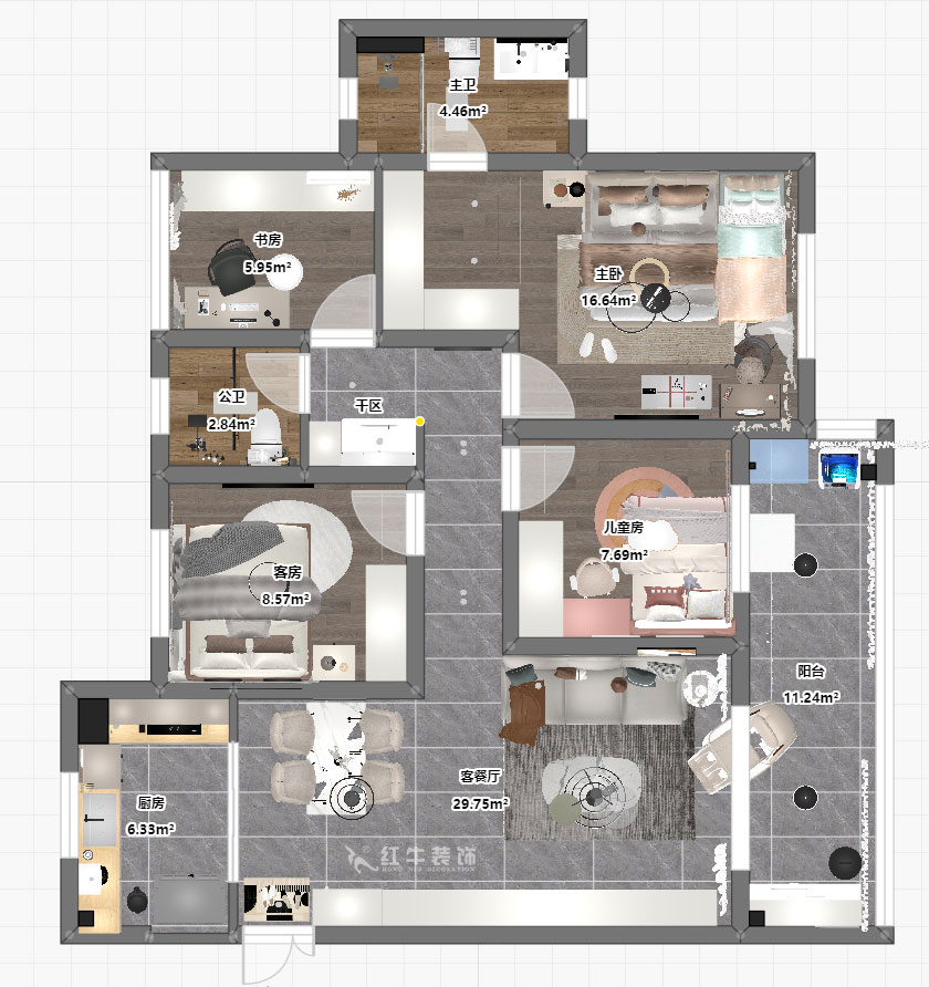 蔣?。銗倿懮?0-601-125㎡-現(xiàn)代簡約風(fēng)格｜4室2廳2衛(wèi)｜新房裝修｜定制家｜全包17萬｜00_03平面彩圖