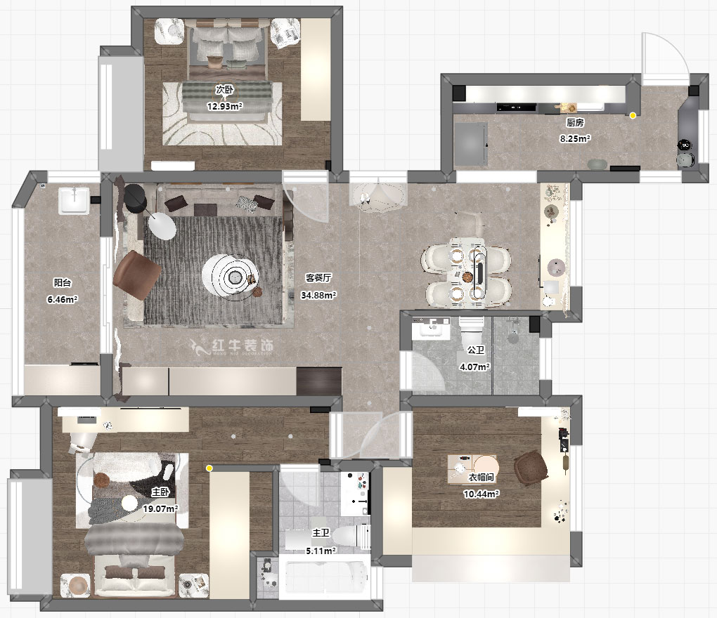 蔣?。靼l(fā)香山郡24-503-125㎡-現(xiàn)代簡約風格｜3室2廳2衛(wèi)｜新房裝修｜定制家｜全包17萬｜00_03平面彩圖