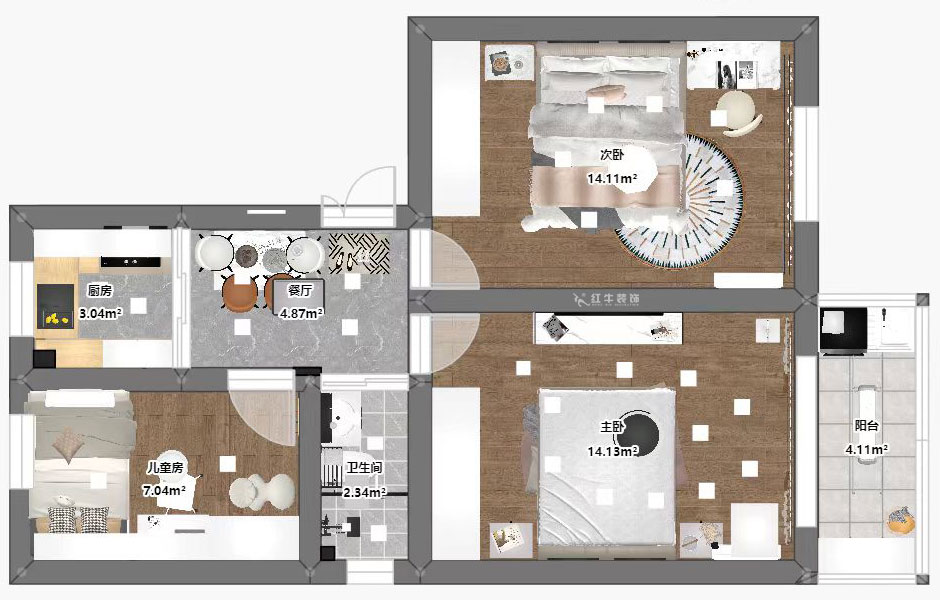 蔣琛｜鳳凰莊169-301-65㎡-現(xiàn)代簡約風格｜3室1廳1衛(wèi)｜老房裝修｜定制家｜全包10萬｜00_03平面彩圖