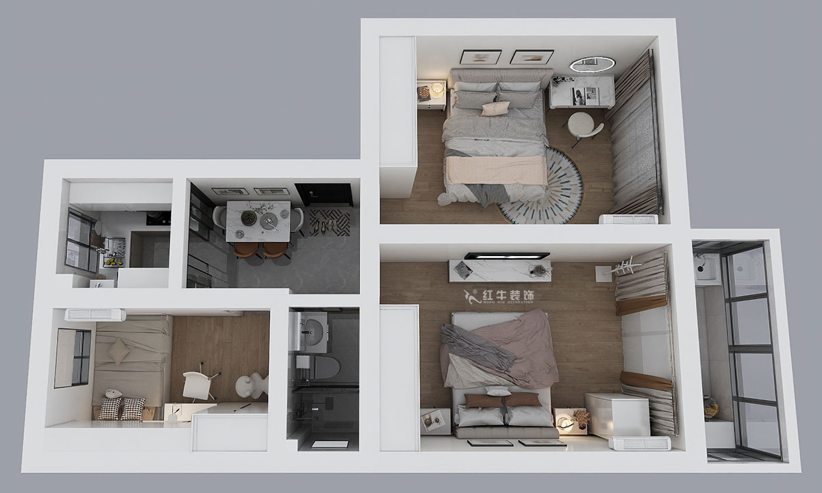 蔣?。P凰莊169-301-65㎡-現(xiàn)代簡約風格｜3室1廳1衛(wèi)｜老房裝修｜定制家｜全包10萬｜00_04鳥瞰圖