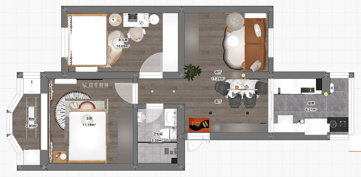 吳波｜櫻駝花園躍新園3-206-70㎡-現代風格｜2室2廳1衛(wèi)｜舊房裝修｜定制家｜全包9萬｜00_03平面彩圖
