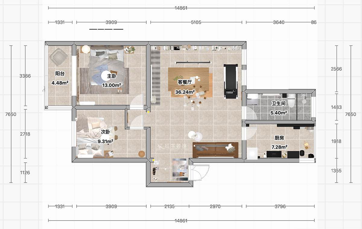 顧娟｜御河苑1-2-704-103㎡-現(xiàn)代簡約風(fēng)格｜2室2廳1衛(wèi)｜舊房裝修｜定制家｜全包13萬｜00_03平面彩圖