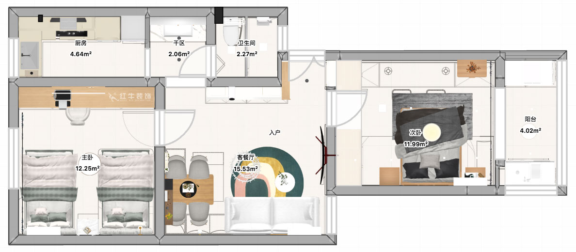 張智猿｜煤炭港60號(hào)1-3-102-60㎡-現(xiàn)代奶油風(fēng)｜2室1廳1衛(wèi)｜老房裝修｜定制家｜全包12萬(wàn)｜00_04平面彩圖