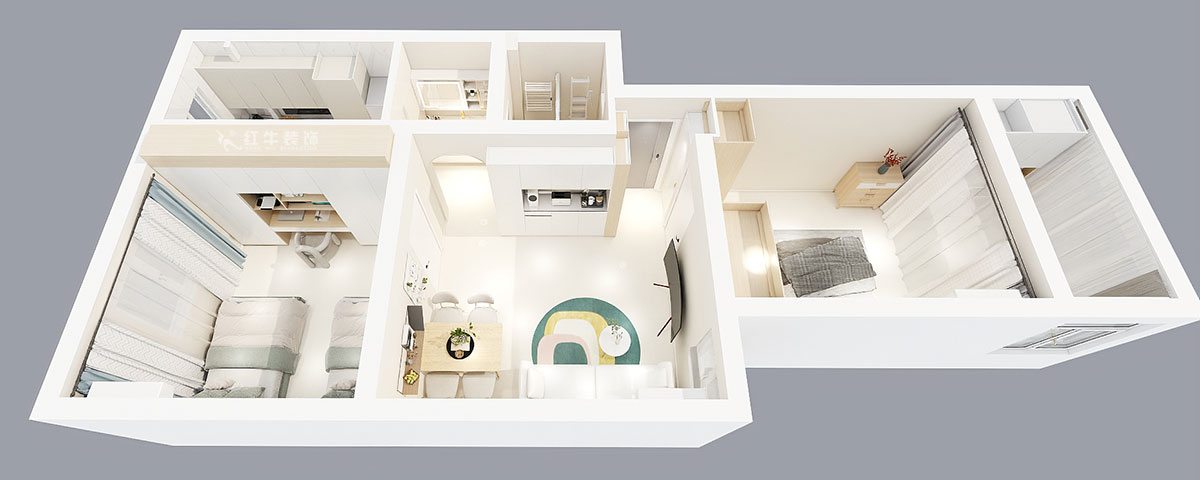 張智猿｜煤炭港60號(hào)1-3-102-60㎡-現(xiàn)代奶油風(fēng)｜2室1廳1衛(wèi)｜老房裝修｜定制家｜全包12萬(wàn)｜00_05鳥(niǎo)瞰圖