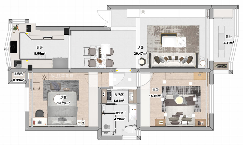 張智猿｜彩虹苑10-31-202-90㎡-現(xiàn)代風格｜2室2廳1衛(wèi)｜老房裝修｜定制家｜全包14萬｜00_04平面彩圖