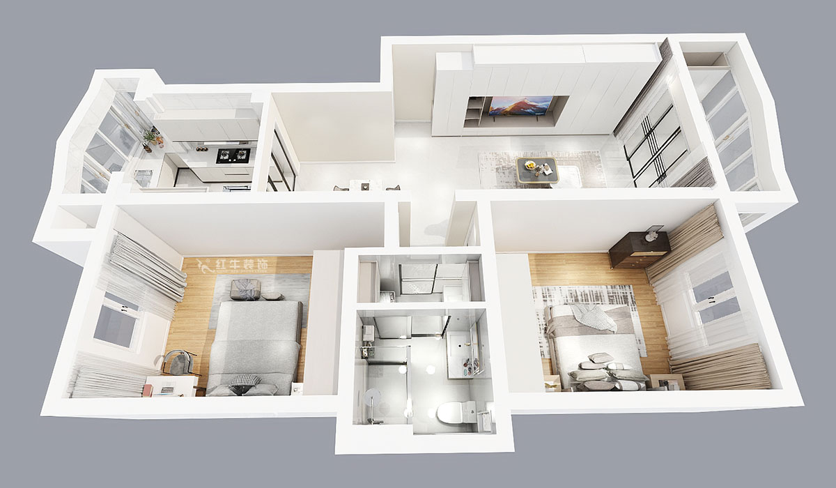 張智猿｜彩虹苑10-31-202-90㎡-現(xiàn)代風格｜2室2廳1衛(wèi)｜老房裝修｜定制家｜全包14萬｜00_05鳥瞰圖