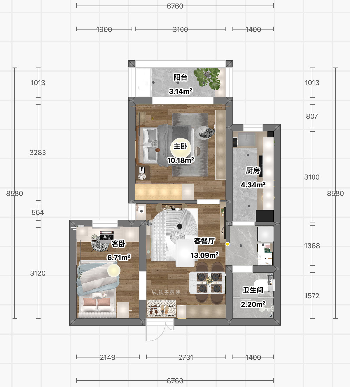 顧娟｜丹鳳新寓1-803-60㎡-現(xiàn)代風格｜2室2廳1衛(wèi)｜舊房裝修｜定制家｜全包11