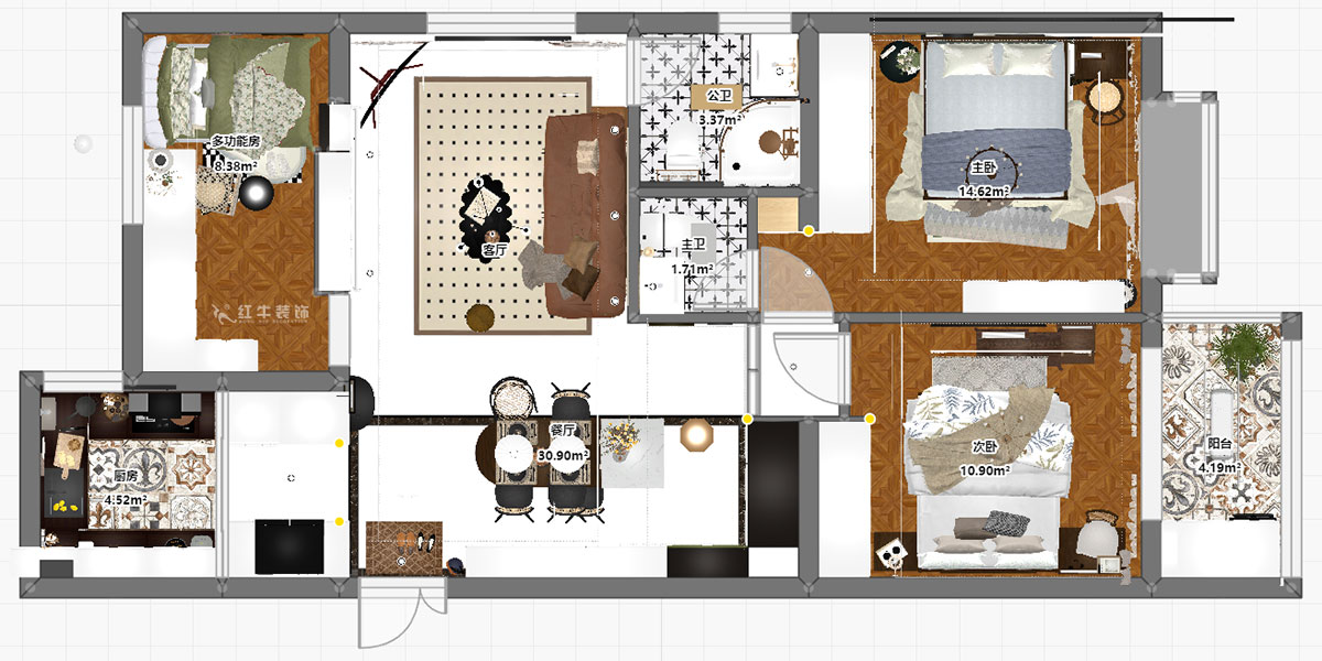 孟憲濤｜觀泓雅苑A區(qū)6-2101-115㎡-法式南洋復(fù)古風(fēng)格｜3室1廳2衛(wèi)｜新房裝修｜定制家｜全包16萬｜00_03平面彩圖