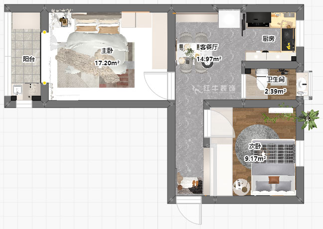 朱明琪｜碑亭巷139號(hào)2-503-57㎡-現(xiàn)代風(fēng)格｜2室1廳1衛(wèi)｜老房改造｜定制家｜全包12萬(wàn)｜00_03平面彩圖