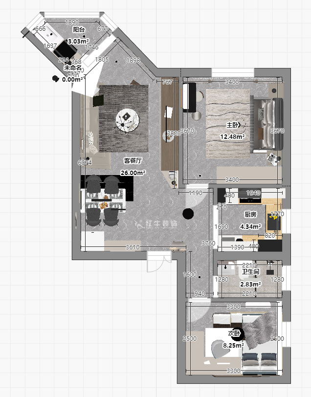 孟憲濤｜北門橋10號1508室-85㎡-現(xiàn)代簡約風格｜2室2廳1衛(wèi)｜老房裝修｜定制家｜全包12萬｜00_04平面彩圖