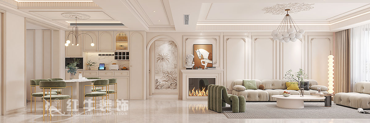 蔣?。鸪?1-3-2206-140㎡-法式奶油風(fēng)格｜3室2廳2衛(wèi)｜新房裝修｜定制家｜全包23萬｜00沙發(fā)背景