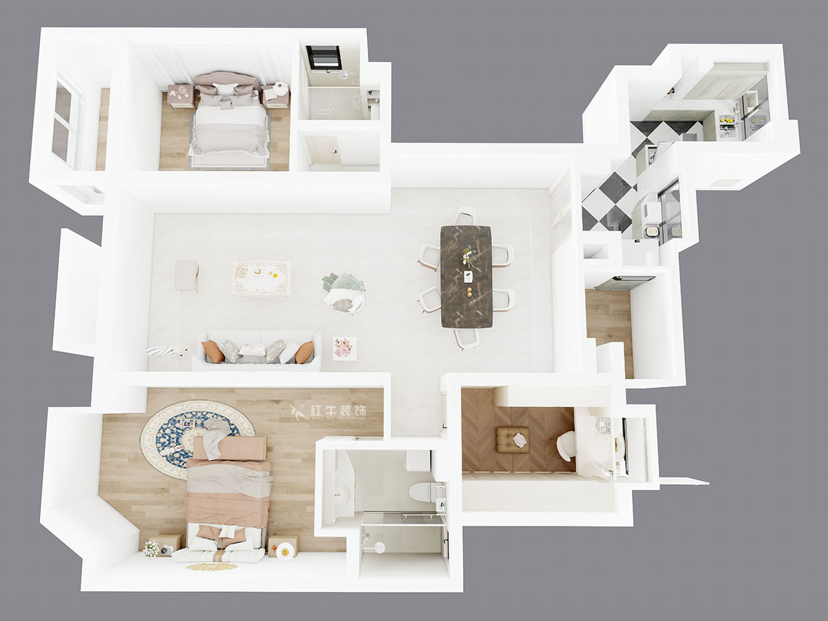 蔣?。鸪?1-3-2206-140㎡-法式奶油風(fēng)格｜3室2廳2衛(wèi)｜新房裝修｜定制家｜全包23萬｜00_04鳥瞰圖