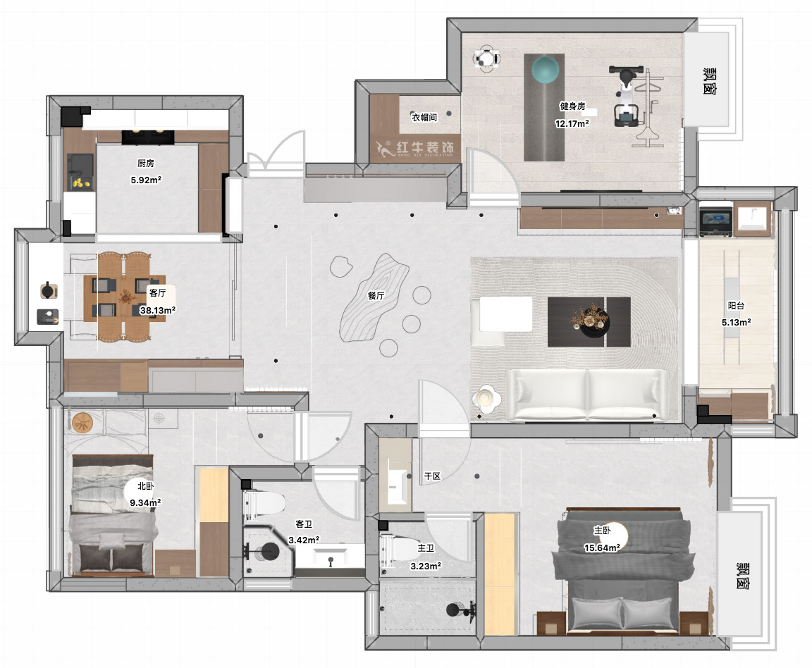 張智猿｜啟迪城博園1-302-114㎡-現代風格｜3室2廳1衛(wèi)｜新房裝修｜定制家｜全包17萬｜00_04平面彩圖