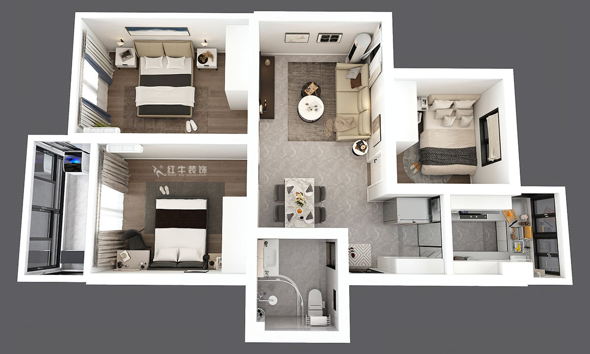 孟憲濤｜龍悅山莊7-402-82㎡-現(xiàn)代簡約風格｜3室2廳1衛(wèi)｜老房裝修｜定制家｜全包12萬｜00_04鳥瞰圖