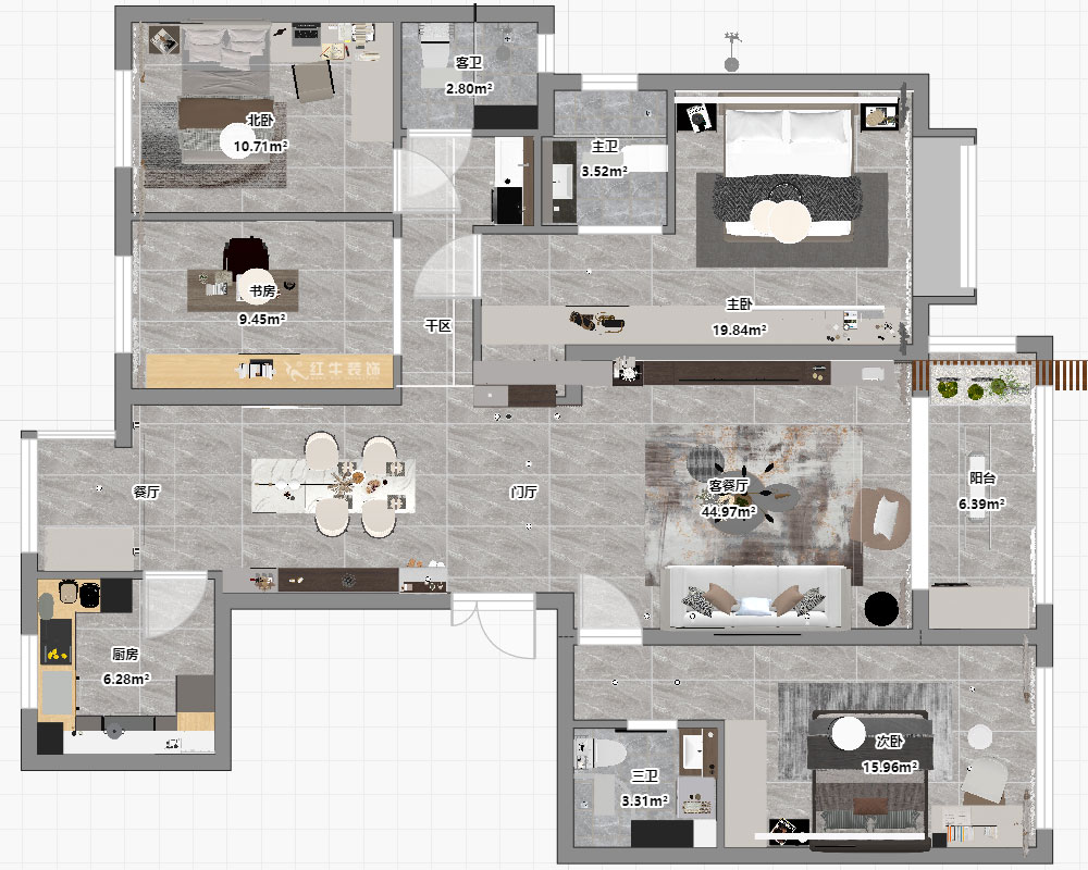 朱彥｜中海桃源里6-2-903-159㎡-現(xiàn)代簡(jiǎn)約風(fēng)格｜4室2廳3衛(wèi)｜新房裝修｜定制家｜全包21萬｜00_03平面彩圖
