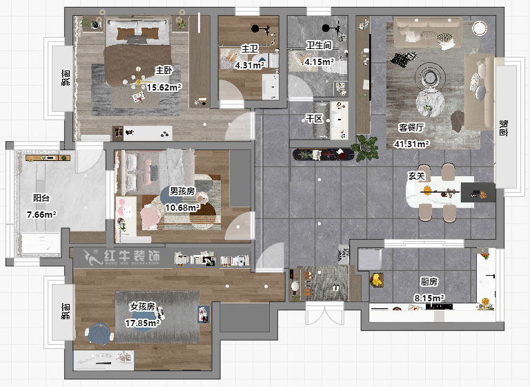 吳波｜楓丹白露8-3-402-140㎡-現(xiàn)代風格｜3室2廳2衛(wèi)｜新房裝修｜定制家｜全包18萬｜00_04平面彩圖