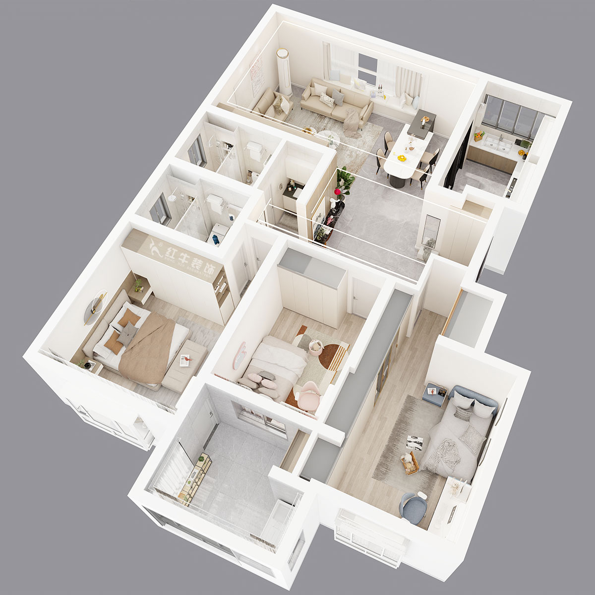 吳波｜楓丹白露8-3-402-140㎡-現(xiàn)代風格｜3室2廳2衛(wèi)｜新房裝修｜定制家｜全包18萬｜00_05鳥瞰圖