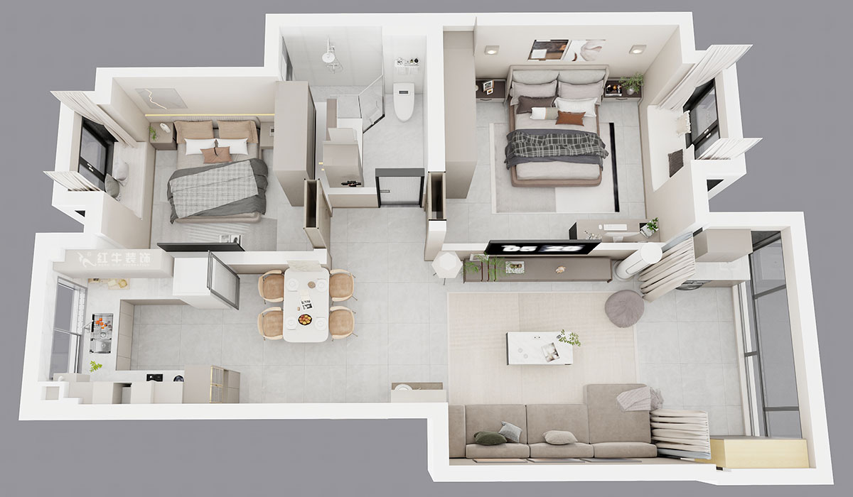 朱明琪｜挪威森林14-705-90㎡-現(xiàn)代風(fēng)格｜2室2廳1衛(wèi)｜老房裝修｜定制家｜全包13萬(wàn)｜00_04鳥(niǎo)瞰圖