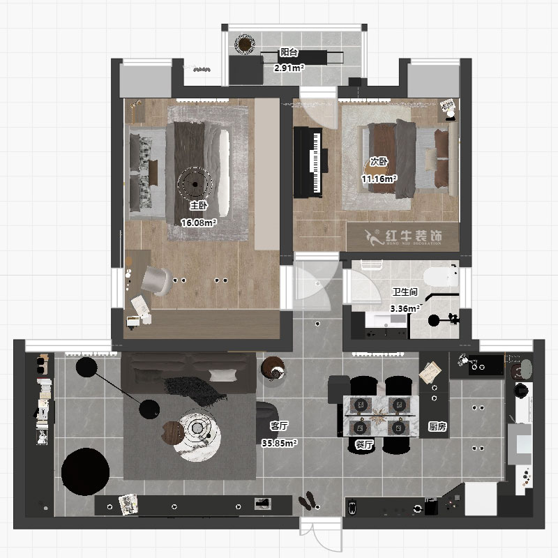 劉萍萍｜潤花園2-2-202-94㎡-現代簡約風格｜2室2廳1衛(wèi)｜老房裝修｜定制家｜全包13萬｜00_04平面彩圖