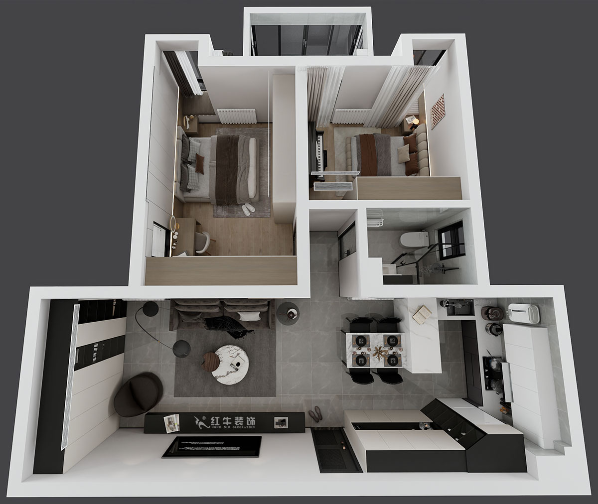 劉萍萍｜潤花園2-2-202-94㎡-現代簡約風格｜2室2廳1衛(wèi)｜老房裝修｜定制家｜全包13萬｜00_05鳥瞰圖