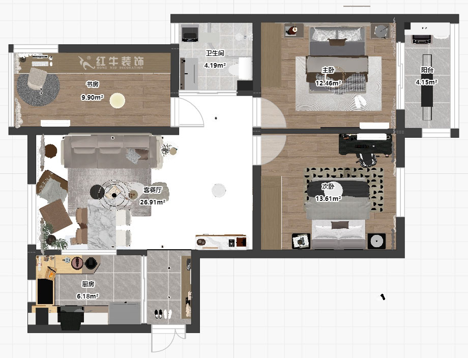 孟憲濤｜月桂園4-1005-103㎡-現(xiàn)代簡約風格｜3室2廳1衛(wèi)｜新房裝修｜定制家｜全包14萬｜00_03平面彩圖