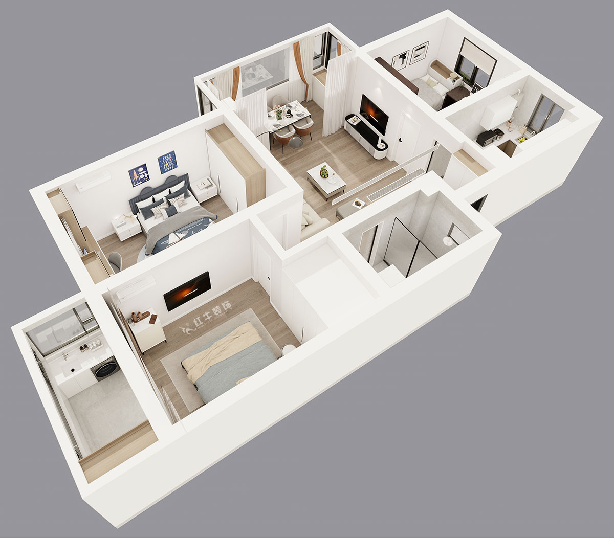 吳波｜宏鷹花園2-601-103㎡-現(xiàn)代簡約風格｜3室2廳1衛(wèi)｜舊房裝修｜定制家｜全包13萬｜00_05鳥瞰圖