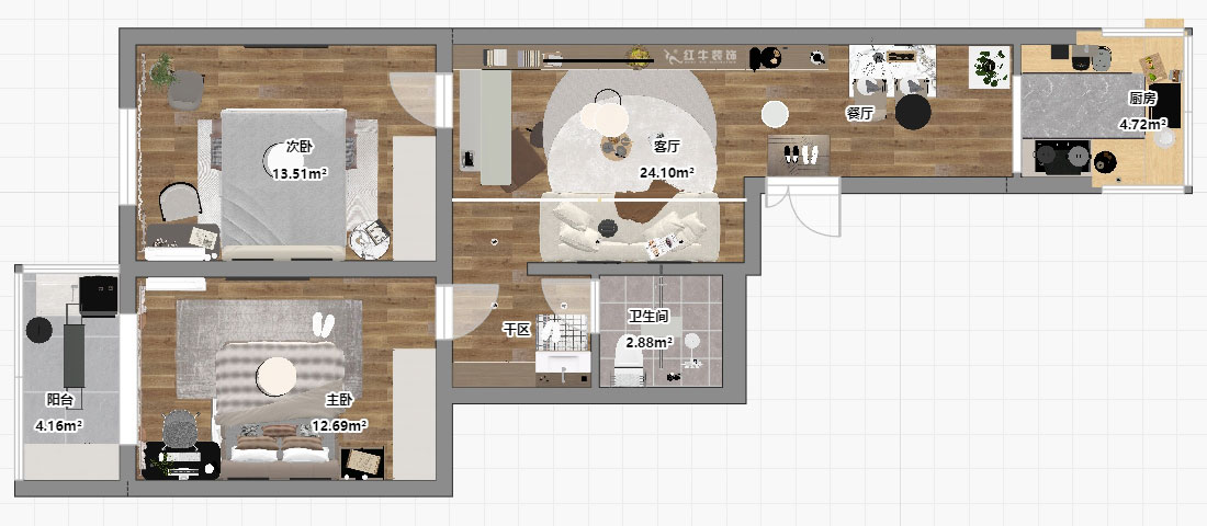 朱彥｜東大影壁1號(hào)304-79㎡-簡(jiǎn)約風(fēng)格｜2室2廳1衛(wèi)｜老房裝修｜定制家｜全包11萬(wàn)｜00_03平面彩圖