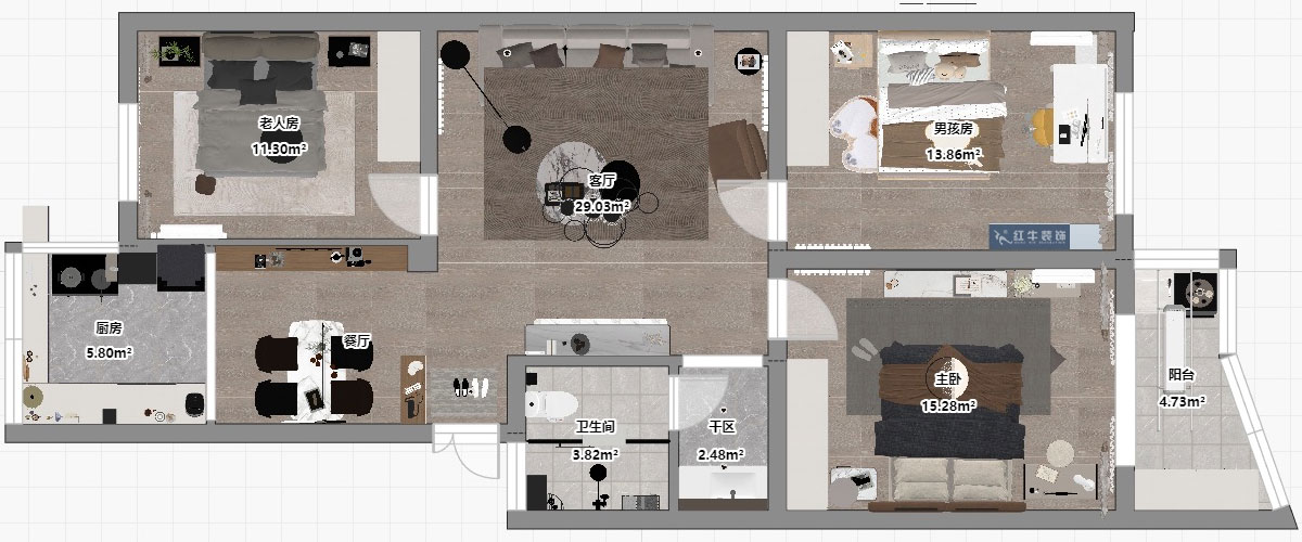 劉小勇｜金信花園12-37-401-105㎡-現(xiàn)代簡(jiǎn)約風(fēng)格｜3室2廳1衛(wèi)｜老房裝修｜定制家｜全包13萬｜00_03平面彩圖