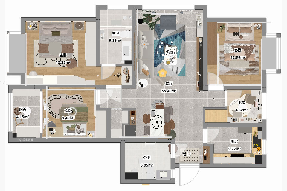 朱明琪｜星葉瑜憬灣2-2-1006-127㎡-北歐風(fēng)格｜3室2廳2衛(wèi)｜新房裝修｜定制家｜全包16萬｜00_03平面彩圖