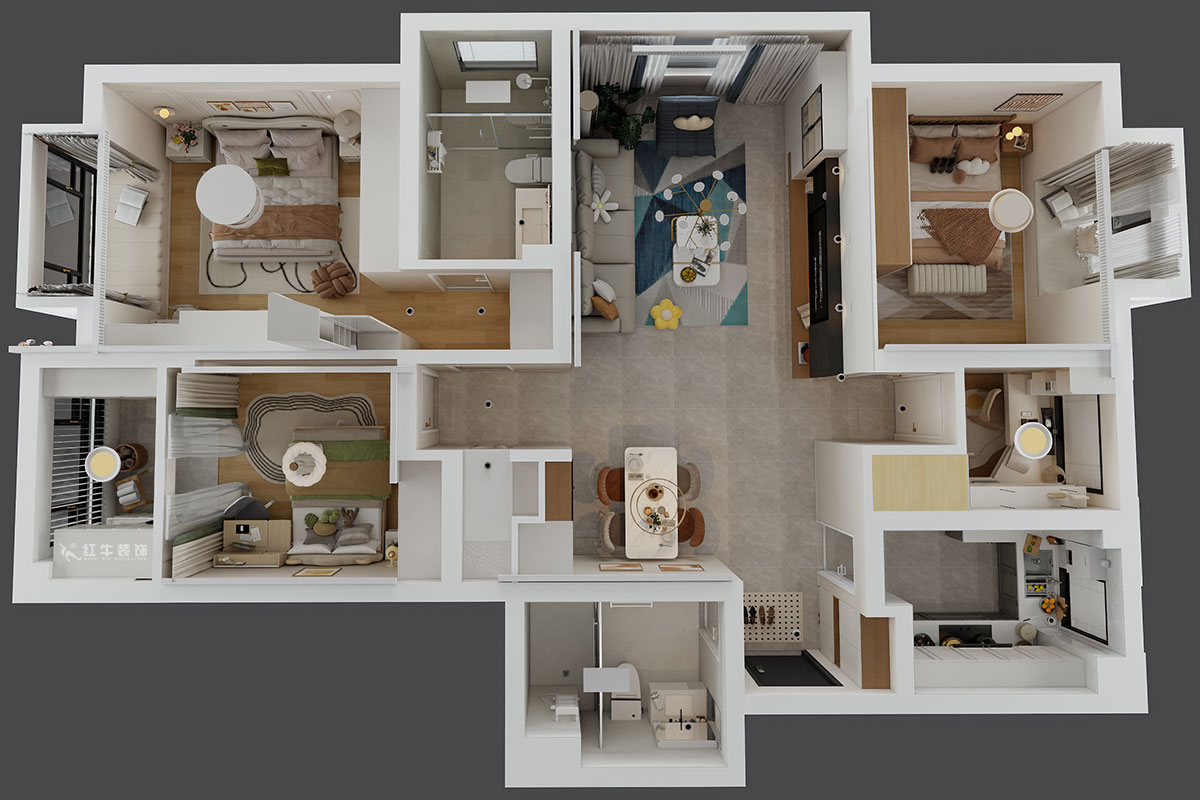 朱明琪｜星葉瑜憬灣2-2-1006-127㎡-北歐風(fēng)格｜3室2廳2衛(wèi)｜新房裝修｜定制家｜全包16萬｜00_04鳥瞰圖
