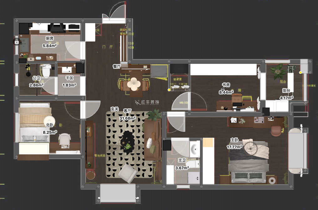蔣?。鹩驀H10-2004-105㎡-現(xiàn)代簡約風(fēng)格｜3室1廳1衛(wèi)｜毛坯裝修｜定制家｜全包12萬｜00_03平面彩圖