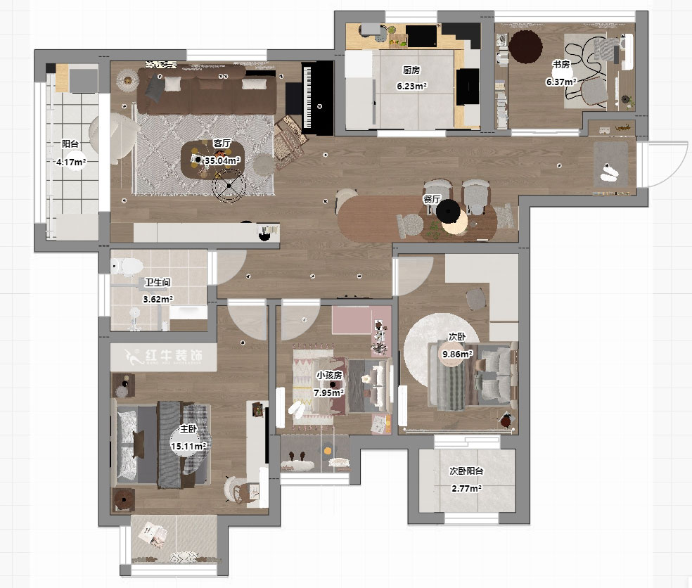 仇美蓉｜熊貓匯智家園2-2-1106-110㎡-簡(jiǎn)約風(fēng)格｜4室2廳1衛(wèi)｜老房裝修｜定制家｜全包12萬(wàn)｜00_03平面彩圖