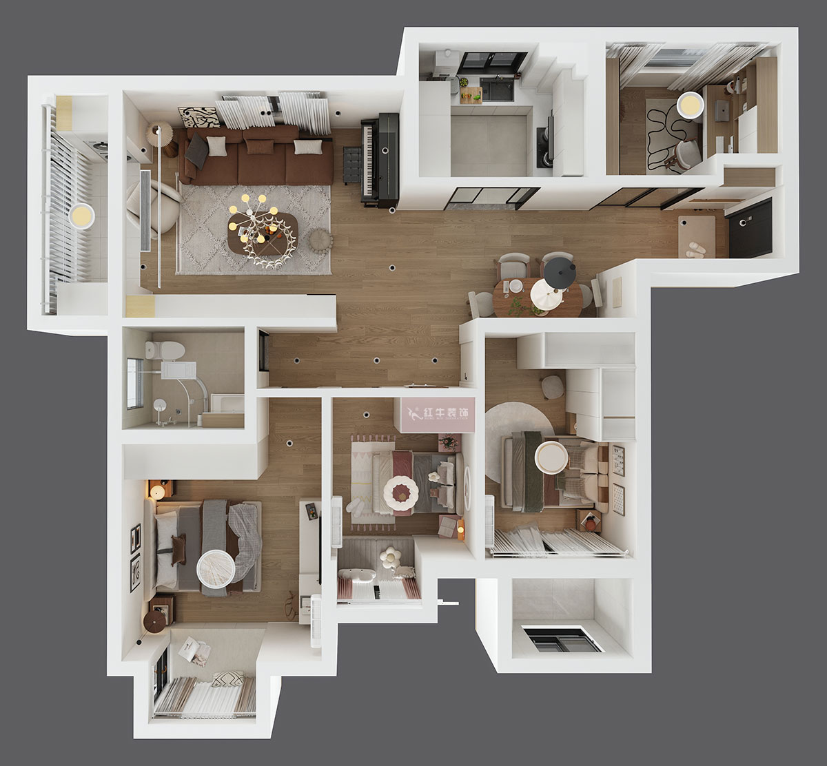 仇美蓉｜熊貓匯智家園2-2-1106-110㎡-簡(jiǎn)約風(fēng)格｜4室2廳1衛(wèi)｜老房裝修｜定制家｜全包12萬(wàn)｜00_04鳥瞰圖