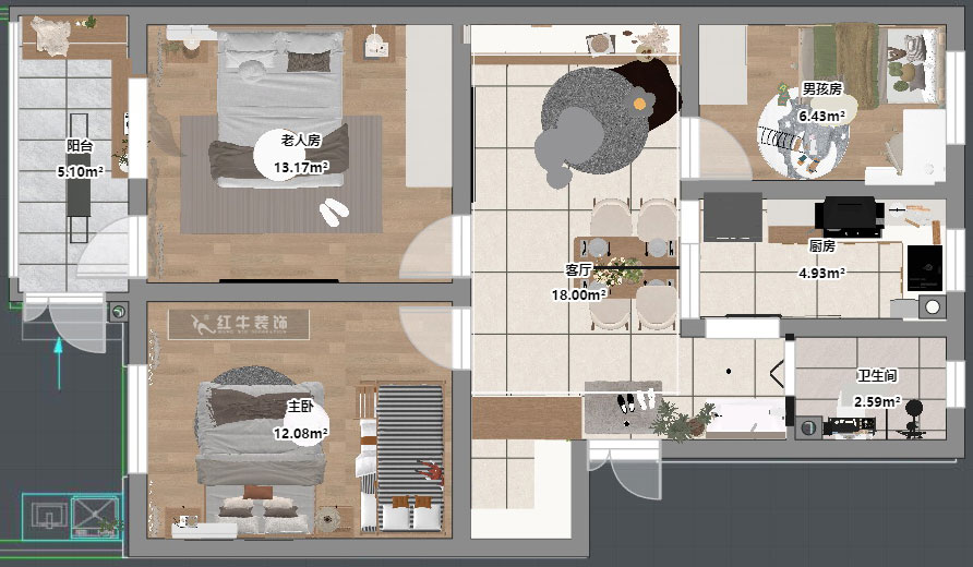 吳波｜土壤研究所小區(qū)27-102-77㎡-現(xiàn)代簡(jiǎn)約風(fēng)格｜3室2廳1衛(wèi)｜舊房裝修｜定制家｜全包11萬(wàn)｜00_04平面彩圖