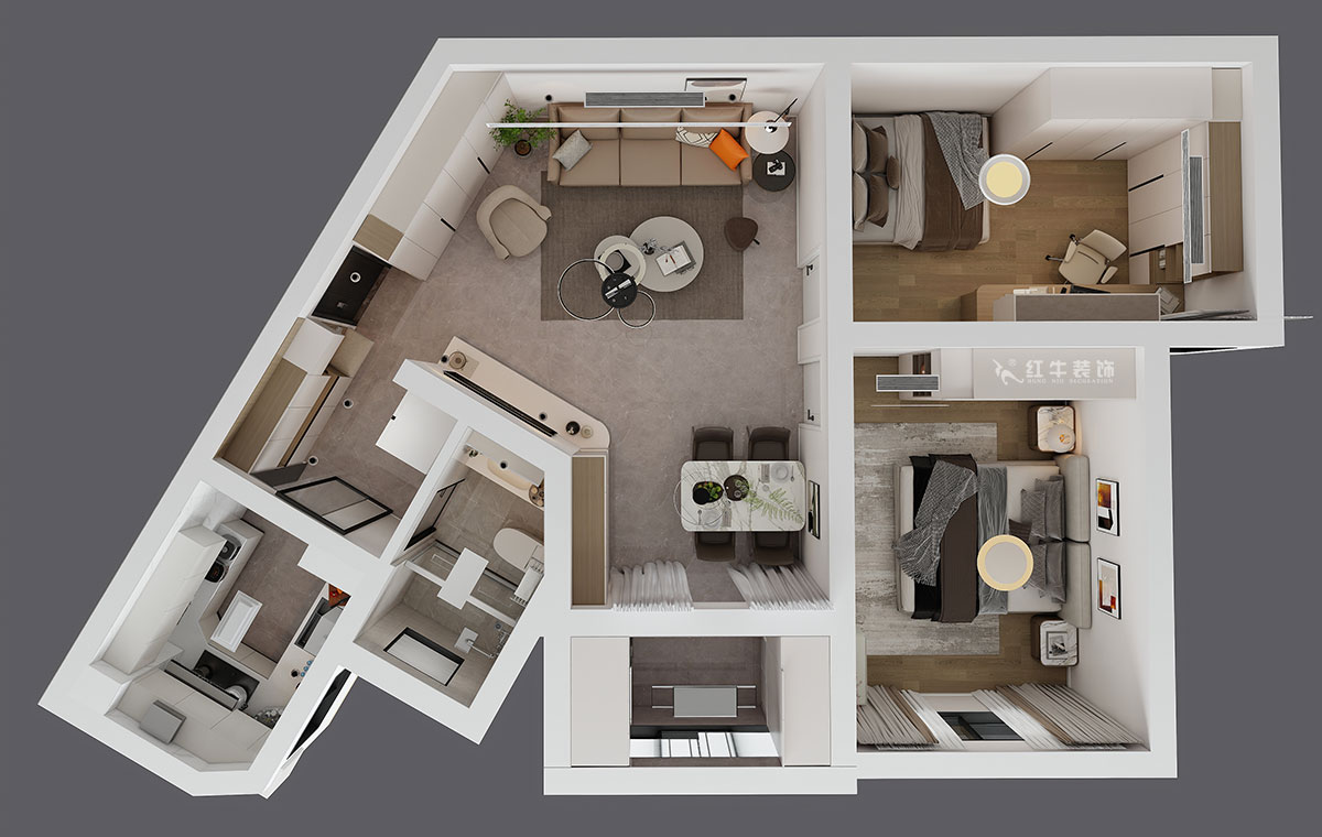 蔣?。埥^(qū)陽光廣場5-2002-90㎡-現(xiàn)代簡約風(fēng)格｜2室2廳1衛(wèi)｜二手房裝修｜定制家｜全包12萬｜00_04鳥瞰圖