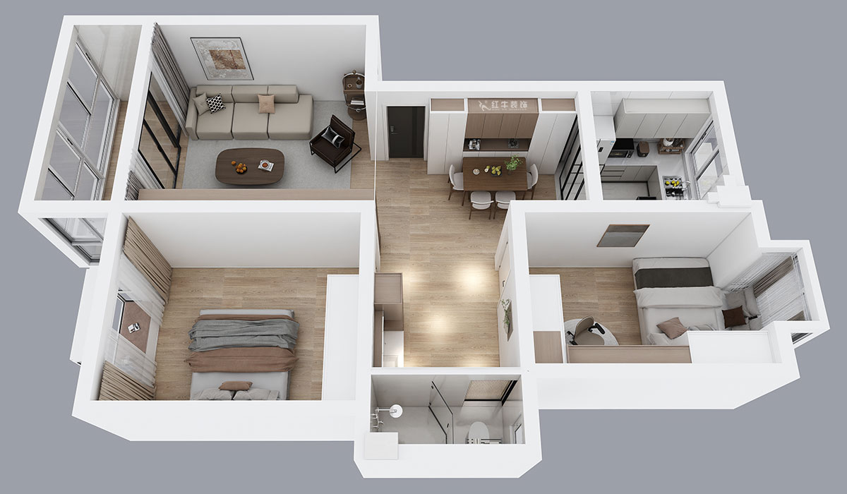 朱明琪｜天潤(rùn)城六街區(qū)30-103-85㎡-原木風(fēng)格｜2室1廳1衛(wèi)｜老房裝修｜定制家｜全包11萬(wàn)｜00_04鳥(niǎo)瞰圖