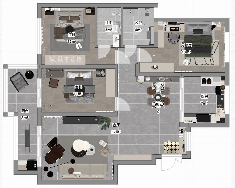 魏明花｜紫金東郡57-504-113㎡-現(xiàn)代簡約風(fēng)格｜3室2廳2衛(wèi)｜二手房改造｜定制家｜全包16萬｜00_03平面彩圖