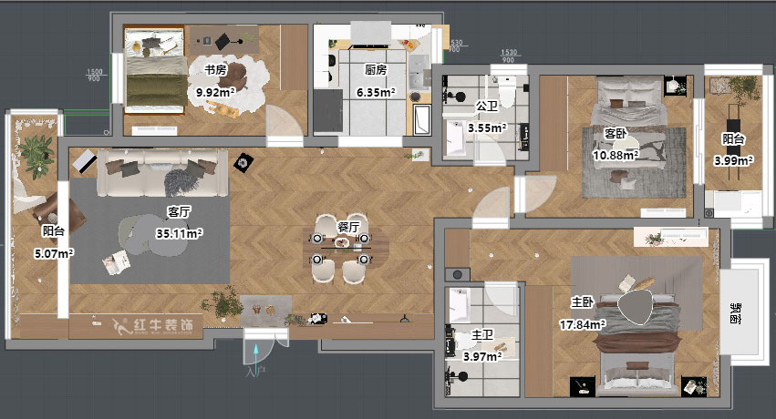 吳波｜仁恒翠竹園28-2-303-117㎡-現(xiàn)代簡(jiǎn)約風(fēng)格｜3室2廳2衛(wèi)｜舊房裝修｜定制家｜全包13萬｜00_03平面彩圖
