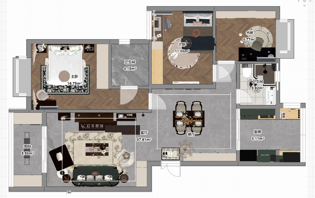 劉小勇｜江南名府3-204-115㎡-簡(jiǎn)美風(fēng)格｜3室2廳1衛(wèi)｜老房裝修｜定制家｜全包13萬(wàn)｜00_03平面彩圖