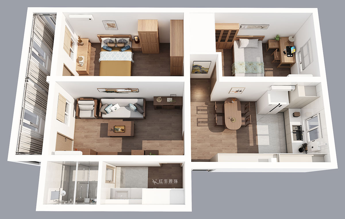 孟憲濤｜五老村24-201-100㎡-現代簡約風格｜3室2廳1衛(wèi)｜老房裝修｜定制家｜全包14萬｜00_04鳥瞰圖