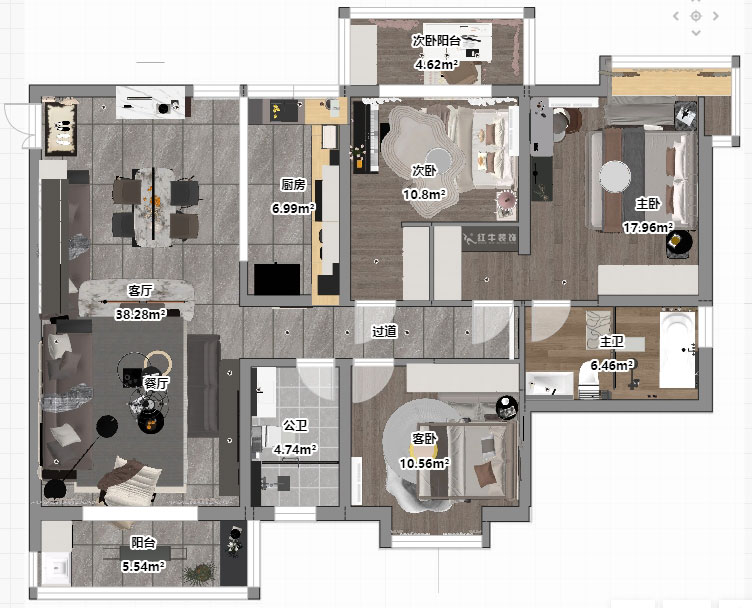 蔣?。邓{(lán)星座1-804-130㎡-現(xiàn)代簡(jiǎn)約風(fēng)格｜3室2廳2衛(wèi)｜老房裝修｜定制家｜全包19萬(wàn)｜00_03平面彩圖