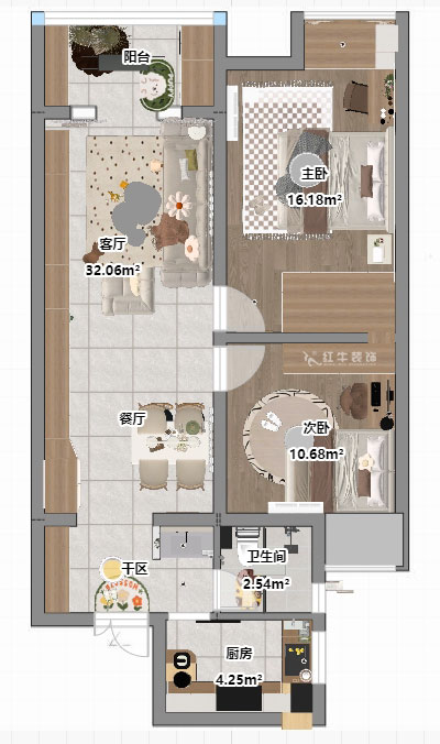 魏明花｜紫楊佳園16-1102-85㎡-現(xiàn)代風格｜2室1廳1衛(wèi)｜二手房裝修｜定制家｜全包10萬｜00_03平面彩圖