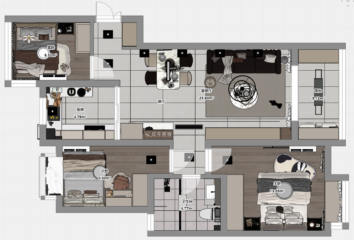 蔣?。＠_蘭香谷10-1-1404-90㎡-現(xiàn)代簡約風格｜3室2廳1衛(wèi)｜老房裝修｜定制家｜全包12萬｜00_03平面彩圖