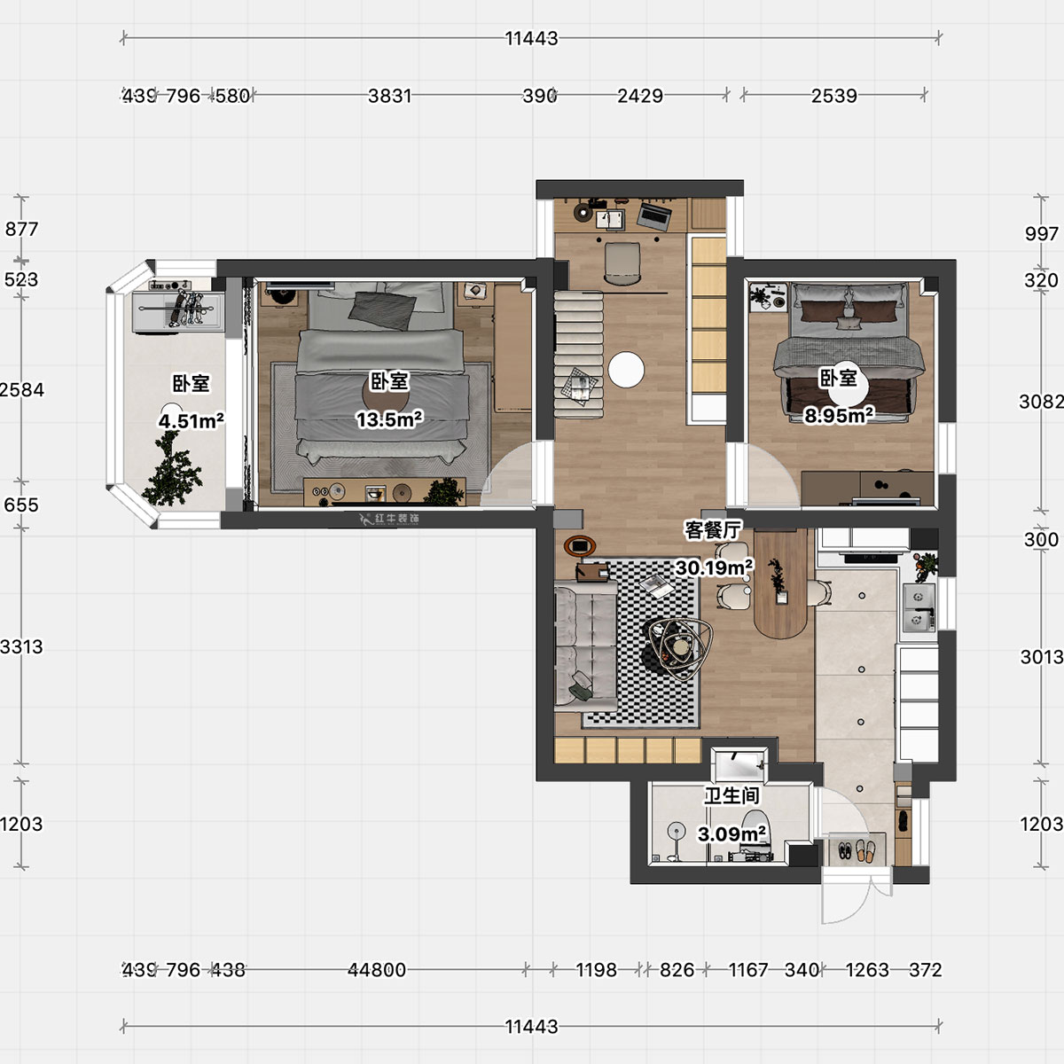 顧娟｜鎖金二村21-1105-77㎡-現(xiàn)代風格｜2室2廳1衛(wèi)｜舊房裝修｜定制家｜全包11萬｜00_04平面彩圖